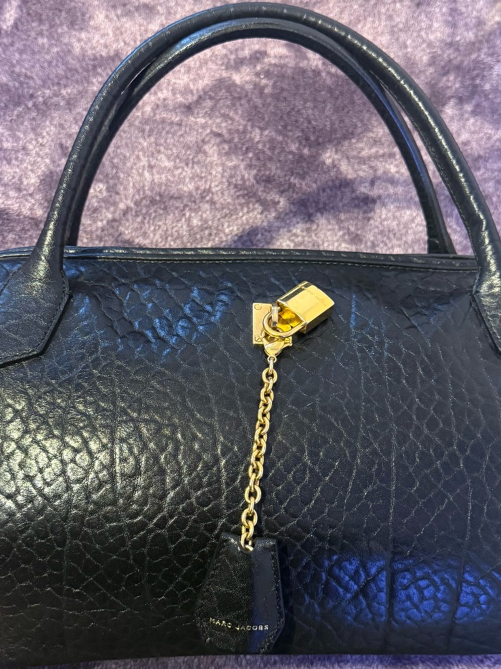 Marc Jacobs Black Textured Leather Satchel with Gold Chain Lock